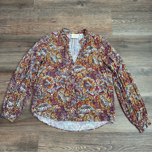 Anthropologie Maeve Kaleidoscope Mosaic Print Blouse Size Medium Boho V Neck Top - Picture 2 of 10